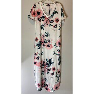 NWT Huskary Floral Maxi Dress V-Neck Short Sleeves White White Pink Floral XS